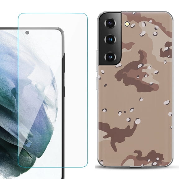 Slim-Fit TPU Fashion Phone Case for Samsung Galaxy S22 5G, with Tempered Glass Screen Protector, by OneToughShield ® - Desert Camo