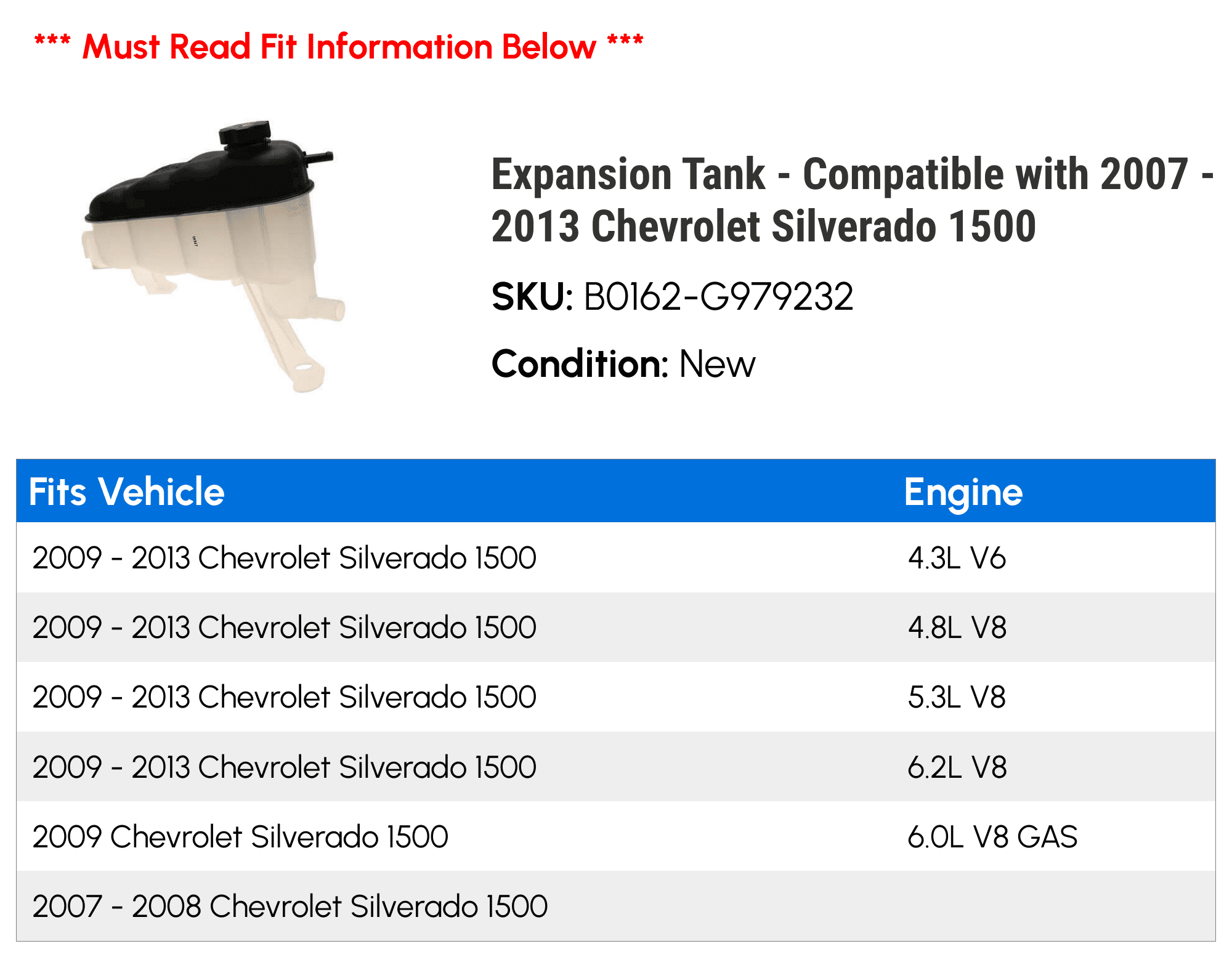 Expansion Tank - Compatible with 2007 - 2013 Chevy Silverado 1500 2008 2009 2010 2011 2012
