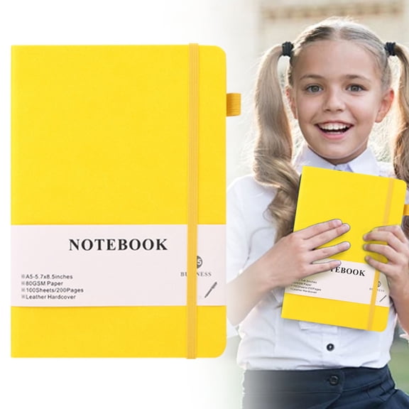 Yellow College Ruled Vegan Leather Hardcover Journal Notebook, High GSM Thick Paper Writing Notebook for Work School Daily Journaling & Note Taking