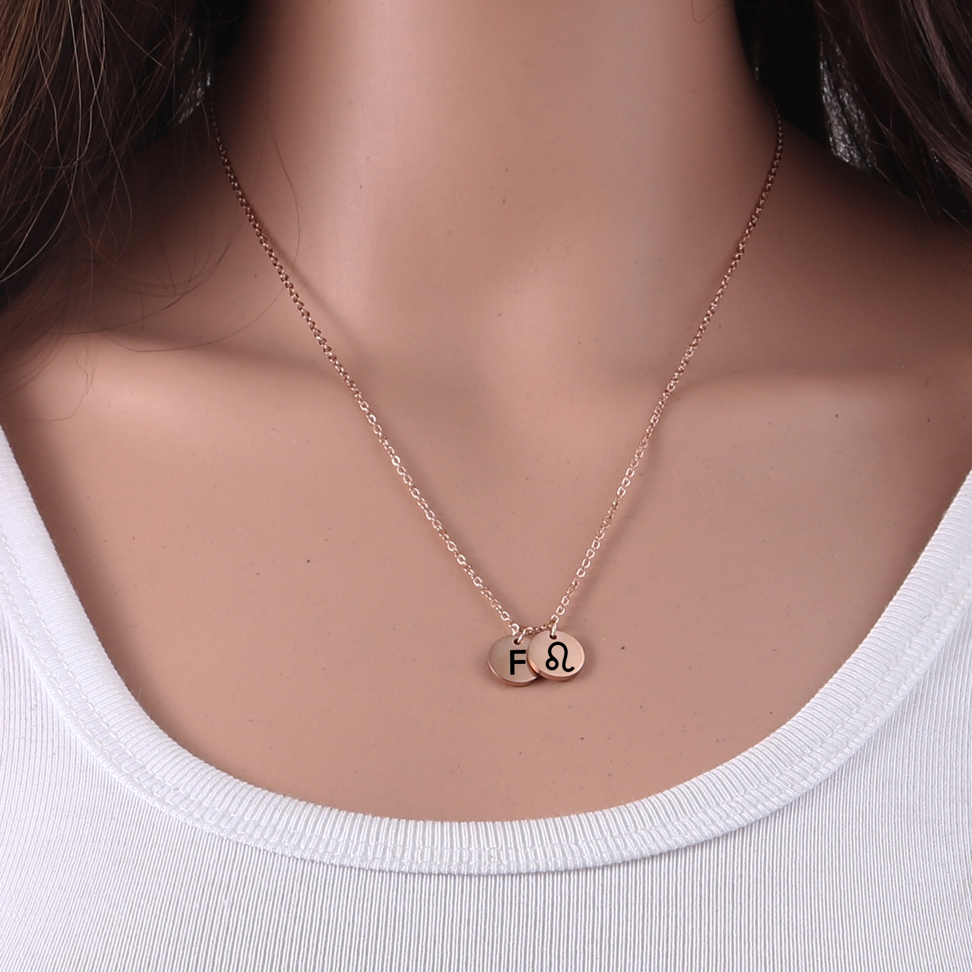 Personalized Round Constellation Initial Necklace - Engraved Zodiac Symbol Jewelry - Christmas Gift for Her - Stainless Steel - 18" Chain - Rose Gold Leo