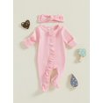 thumbnail image 3 of Suealasg Newborn Girls Footie Jumpsuits +Headband Long Sleeve Zipper Full Length Pajamas Rompers 3M 6M 12M Infant Baby Girls Coming Home Outfits, 3 of 7