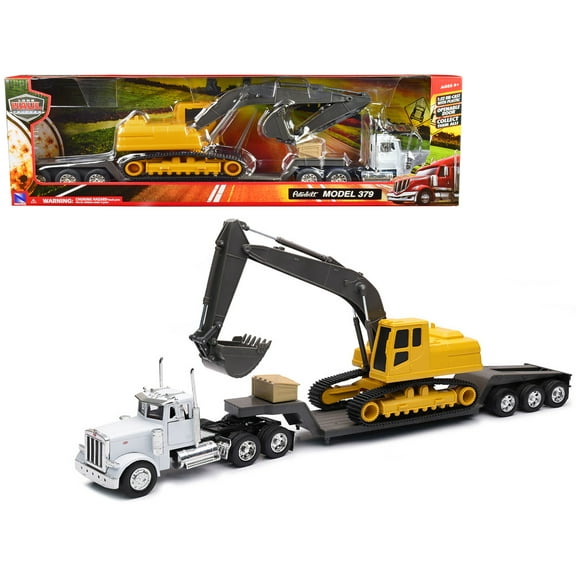 Peterbilt 379 Truck with Lowboy Trailer White and Backhoe Yellow "Long Haul Trucker" Series 1/32 Diecast Model by New Ray