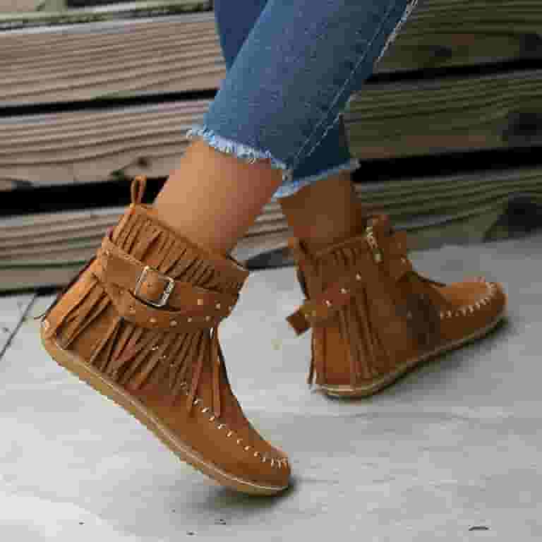 【COLOR iN ID】Fringe ankle boots Ladies Casual Vintage Solid Womens Boots Size 6 Color Fringe