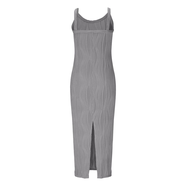 tight grey dresses Clearance Deals! Zpanxa Maxi Dress for Women Off Shoulder High Slit Tight Casual Solid Short Sleeve Dress Skirts for Women Gray Dress L