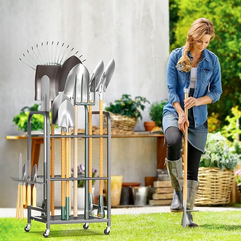 Garden Tool Organizer Stand, Garage Tool Storage Organization, Yard Tool Racks with lockable wheels, Fit for Long-Handled Tools/Rakes/Brooms