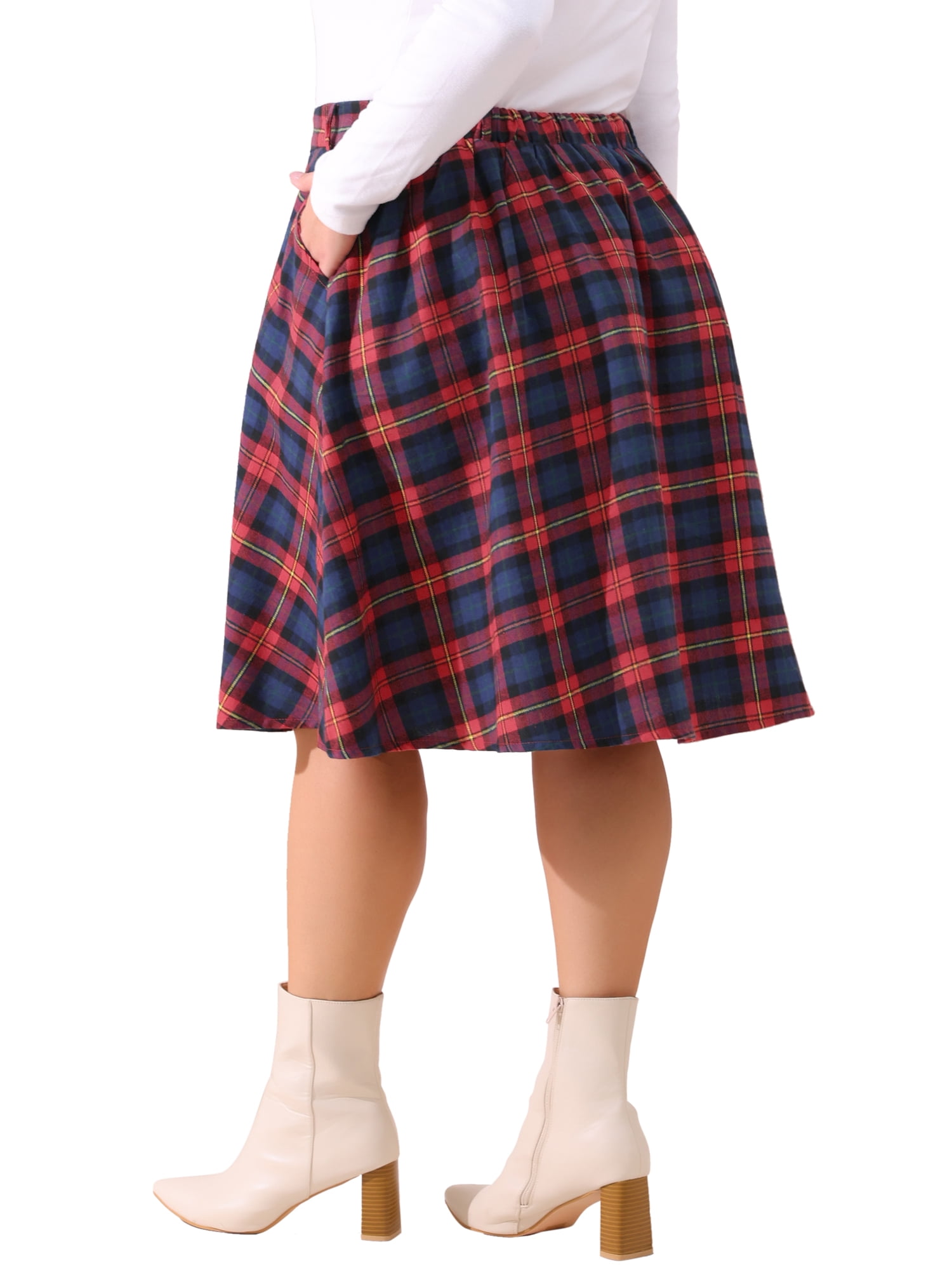 DARING DIVA Women's Plus Vintage Plaid Elastic A-Line Skirt with Pockets 2X Red Blue