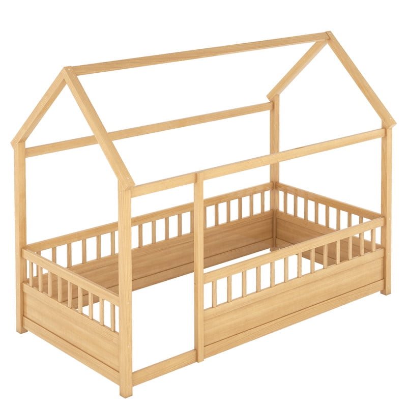 Bellemave Twin Size Montessori Bed, Wood Twin House Beds with Fence, Floor Bed with Roof for Bedroom Playroom（Natural）