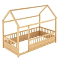 thumbnail image 3 of Bellemave Twin Size Montessori Bed, Wood Twin House Beds with Fence, Floor Bed with Roof for Bedroom Playroom（Natural）, 3 of 8