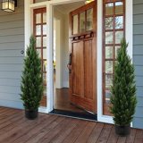 Set Of 2 Artificial Cedar Topiary Trees – 28\" UV Rated Faux Pines For Indoor/Outdoor Porch Decor