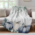 thumbnail image 4 of Blue Pumpkins Fall Throw Blanket, Flannel Fleece Blanket with Striped Design for Couch, Vintage Eucalyptus Leaves Thanksgiving Soft Breathable All Season Plush Blankets for Sofa Office Travel 40"x50", 4 of 9