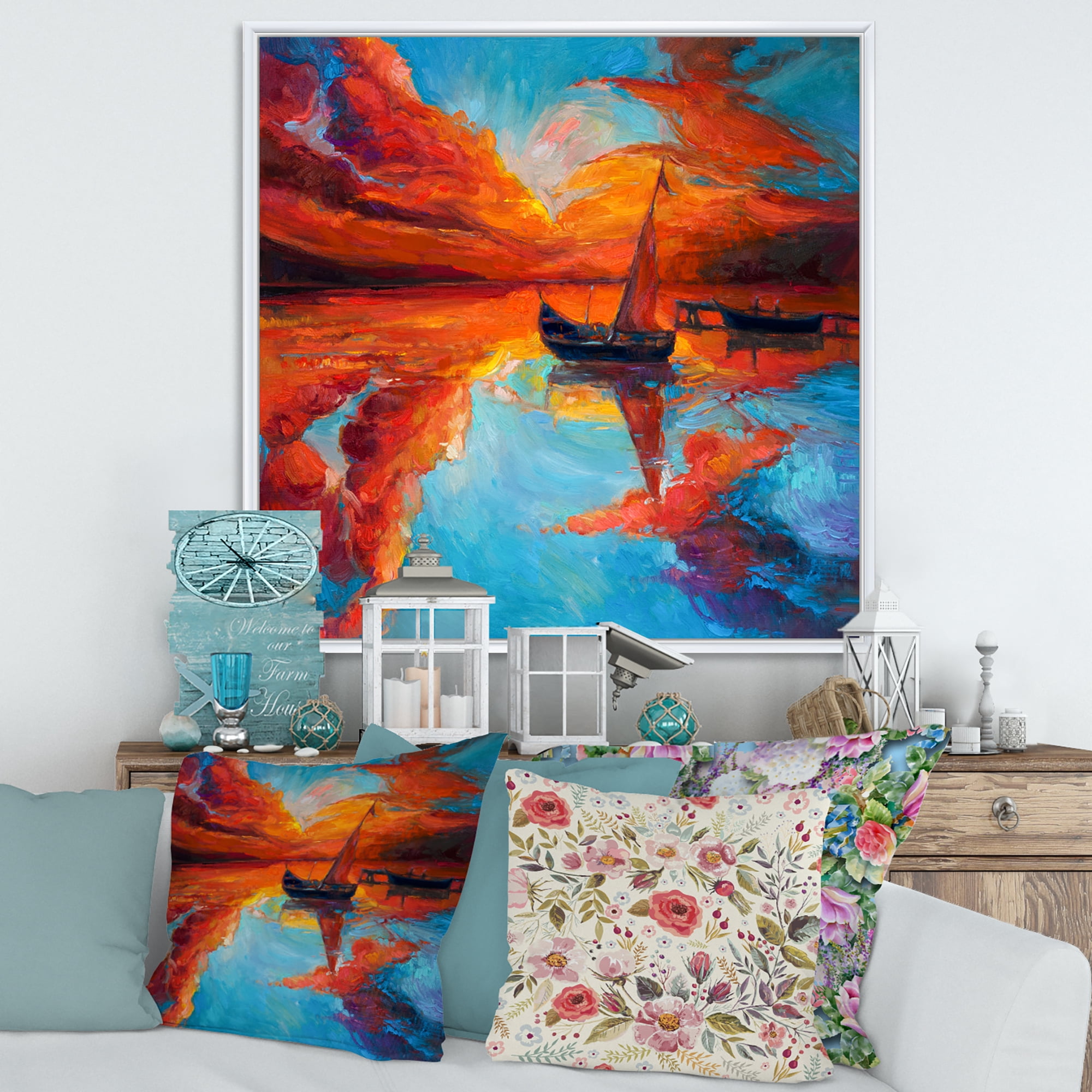 Little Boat During Warm Deep Red Evening Glow 36 in x 36 in Framed Painting Canvas Art Print, by Designart