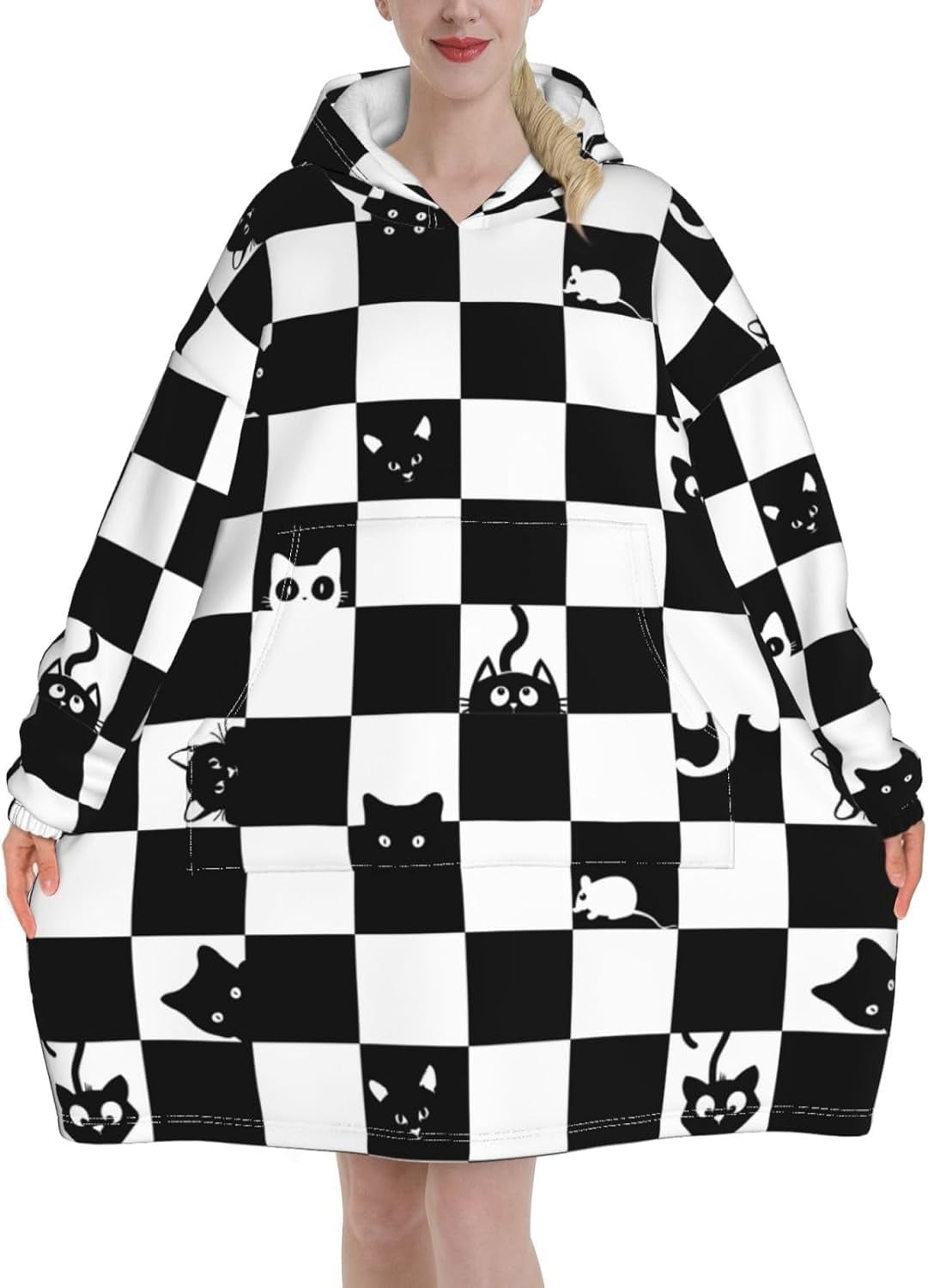 Cat Blanket Hoodie Cute Cartoon Wearable Hooded Blanket Soft Plush Warm Comfy Pajamas Fluffy Sweatshirt Blanket For Women
