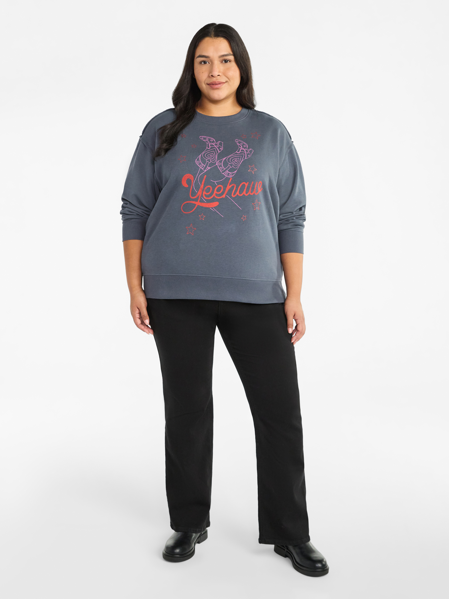 Terra & Sky Women's Plus Size Yeehaw Boots Graphic Sweatshirt with Long Sleeves, Sizes 0X-4X