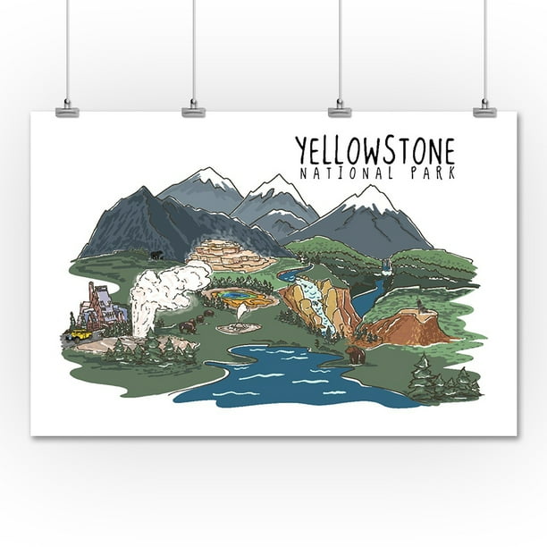 Yellowstone National Park Line Drawing Lantern Press Artwork (36x54