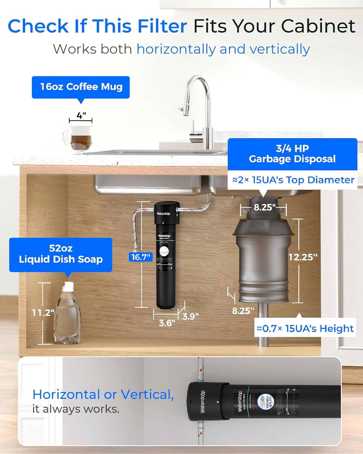 Waterdrop 15UA Under Sink Water Filter System, Under Counter Water Filter Direct Connect to Kitchen Faucet, NSF/ANSI 42 Certified, with one filter