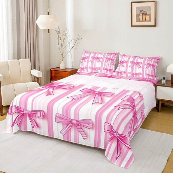 Homewish Ribbon Bow Tie Twin Sheet Sets,Girls Kawaii Bowknot Twin Fitted Sheet,Hotpink White Flat Sheet For Kids,Breathable Home Decor,3pcs