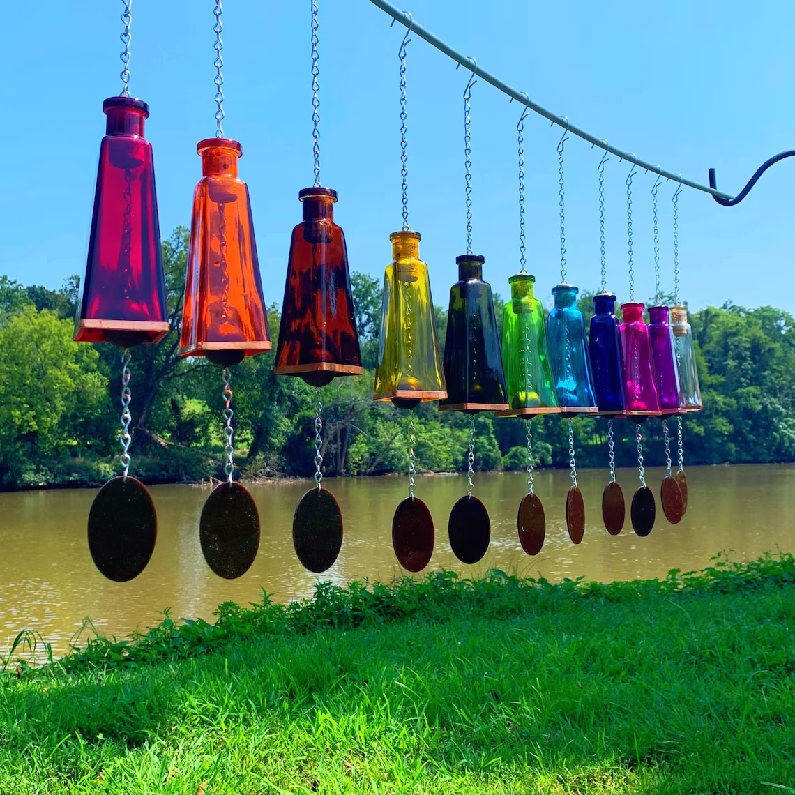Handmade Aqua Glass Wind Chimes Made From Pyramid Shaped Bottles, Colorful Home Decor Outdoor Garden or Patio