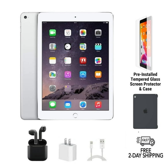 Pre-Owned Apple iPad Air 2 A1566 (WiFi) 64GB Silver Bundle with Case, Wireless Earbuds, Tempered Glass Screen Protector