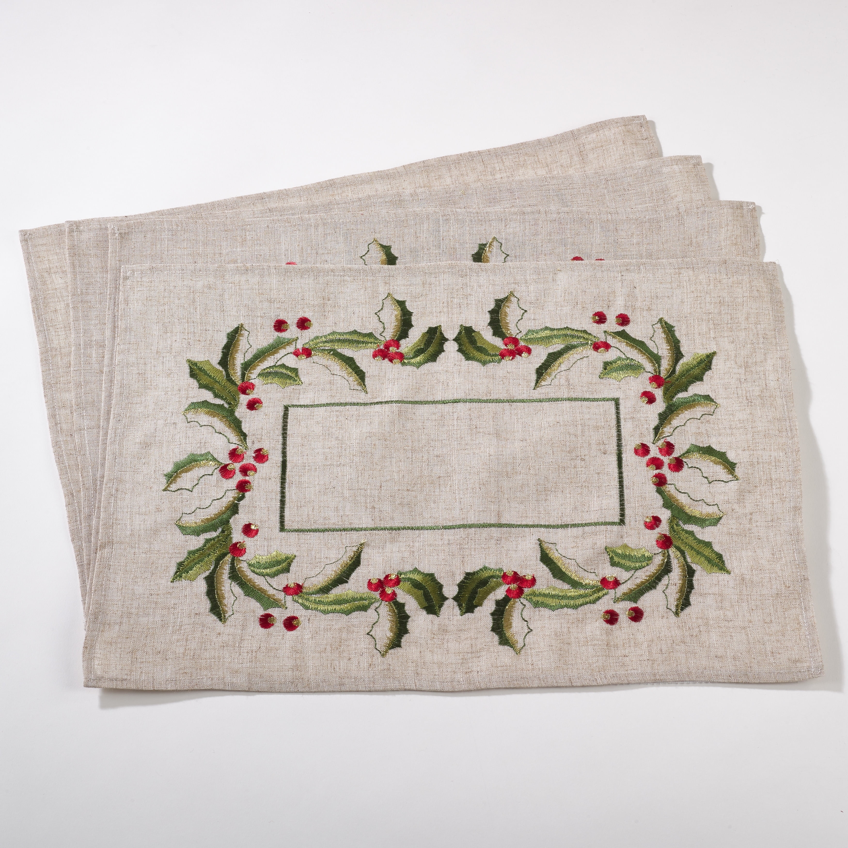 Saro Lifestyle Embroidered Holly Design Linen Blend Placemat Set