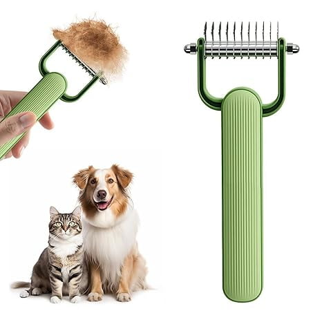 Dog Brush and Hair Remover, 2-Sided Pet Grooming Undercoat Rake for Dematting and Deshedding, Professional Stainless Steel Comb for Dogs and Cats, Large, Green or Grey