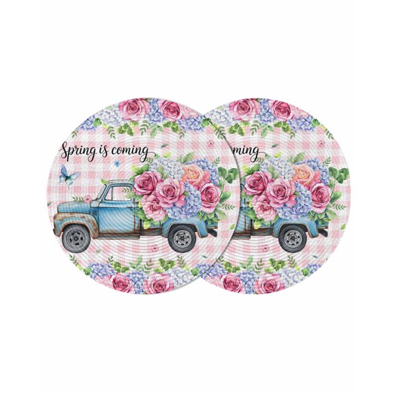 Spring Round 13 Inch Placemats Set of 2, Truck Botanical Rose Leaves Butterfly Pink Lattice HeatResistant Non Slip Place Mats for Dining Table, Wipeable Braided Kitchen Table Mats for Housewarming
