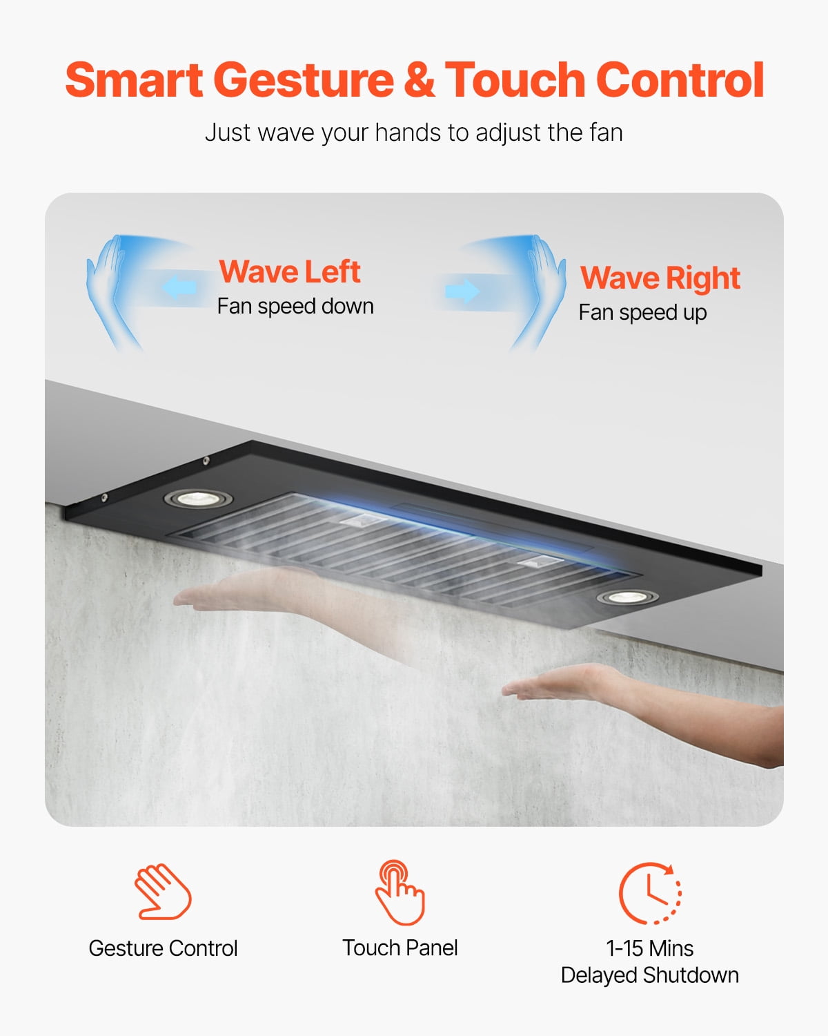 KFFKFF Kitchen Hood Insert, 30 Inch Integrated Ventilation System, 800CFM Stainless Steel Cooker Hood, Featuring Motion & Touch Operation, LED Illumination, Baffle Filters, Quad-Speed Exhaust Fan