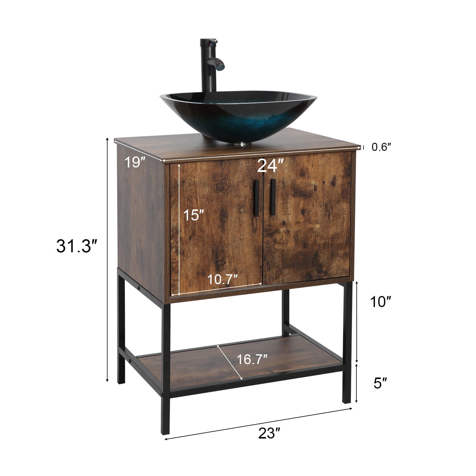 Eclife 24" Farmhouse Bathroom Vanity with Rustic Brown Wood Top,Blue Glass Sink, Water Save Faucet,Solid Brass Pop Up Drain