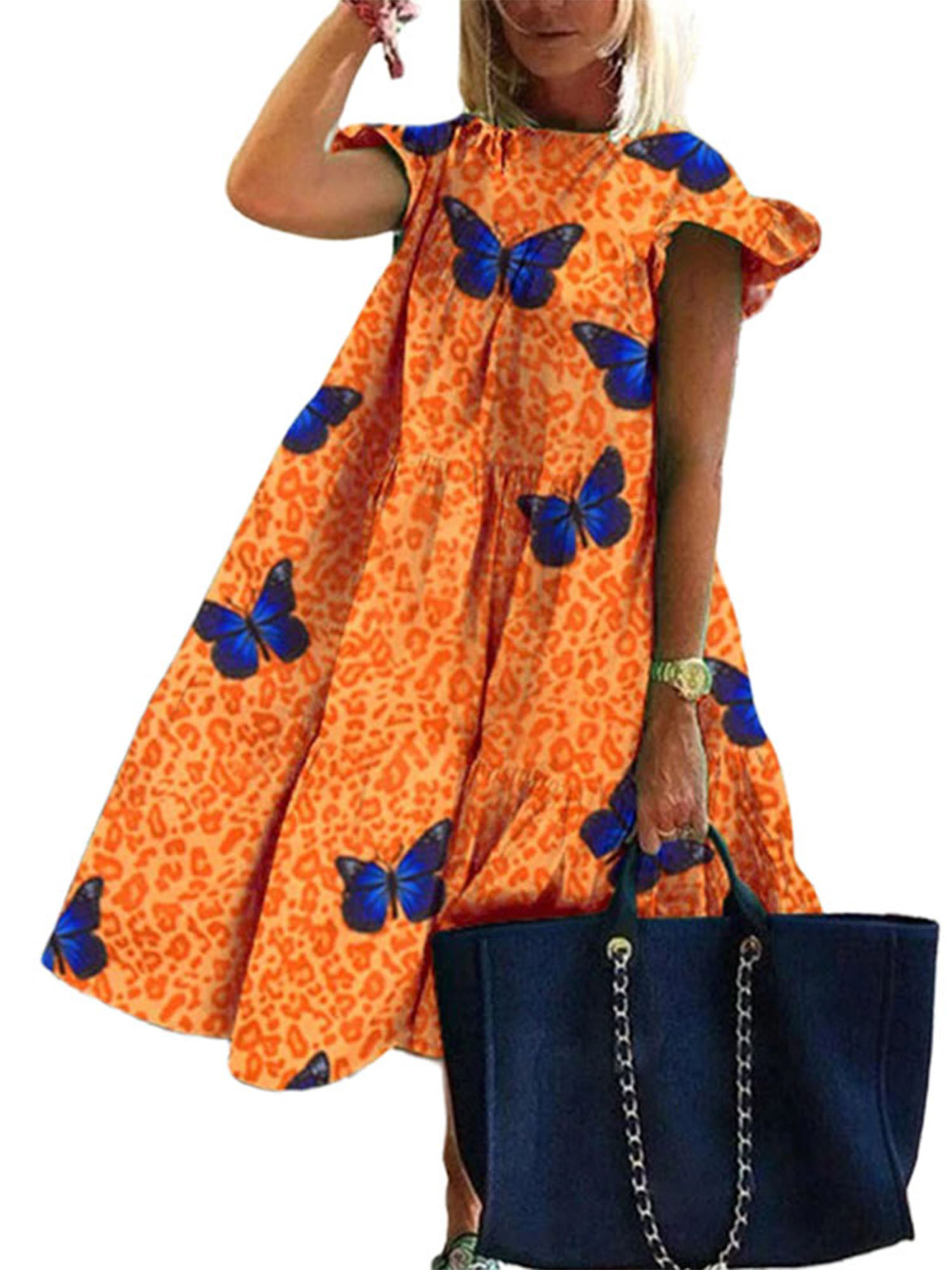 Lumento Floral Midi Dress for Womens Cute Babydoll Dress Short Sleeve