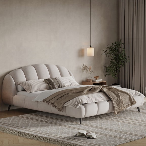 Upholstered King Size Platform Bed in Beige - Chenille Fabric, Thick Headboard & Footboard, Solid Frame