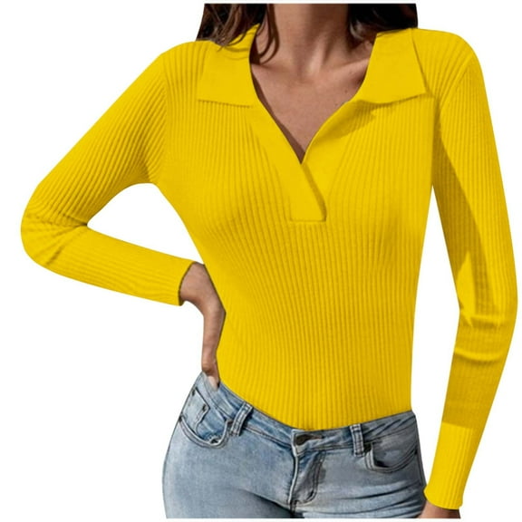 tarylea Women's Fall Tops Ribbed Knitted Lapel Shirts V Neck Long Sleeve Tops Slim Fitted Casual Wear Cute Tops