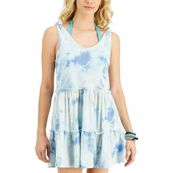 Miken BLUE/WHITE TIE DYE Juniors' Cotton Tiered Cover-up Dress, US Small