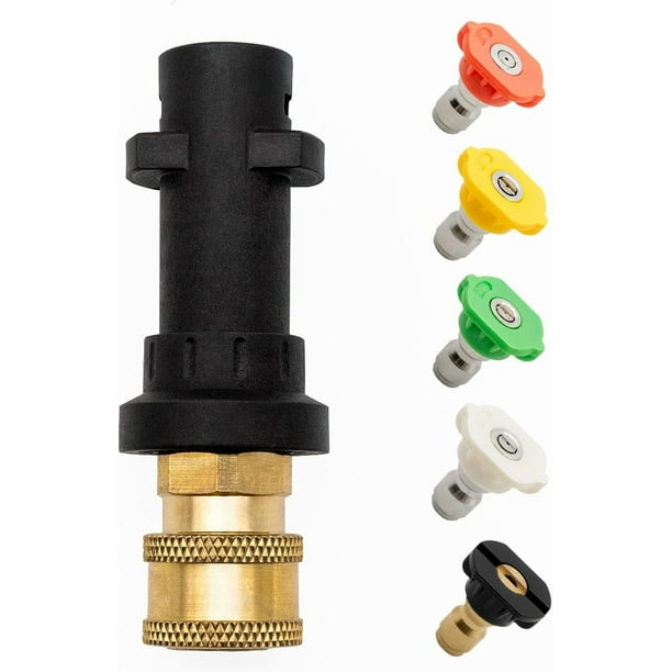 Pistola hidrolavadora con acoplamiento rápido hembra de latón de 1/4" y paquete de 5 boquillas de hidrolavadora multigrado de 1/4" para la serie K de Karcher.