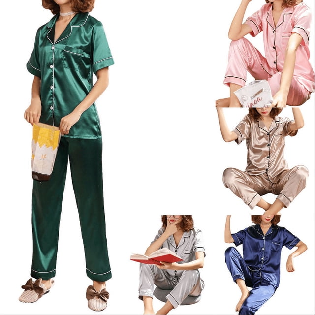 YOPTOP Women Short Sleeve Spring 2020 Summer Pajama Sets Silk Satin Pijama Sleepwear Pyjamas Plus Size 3XL Nightwear Set,Grey,M