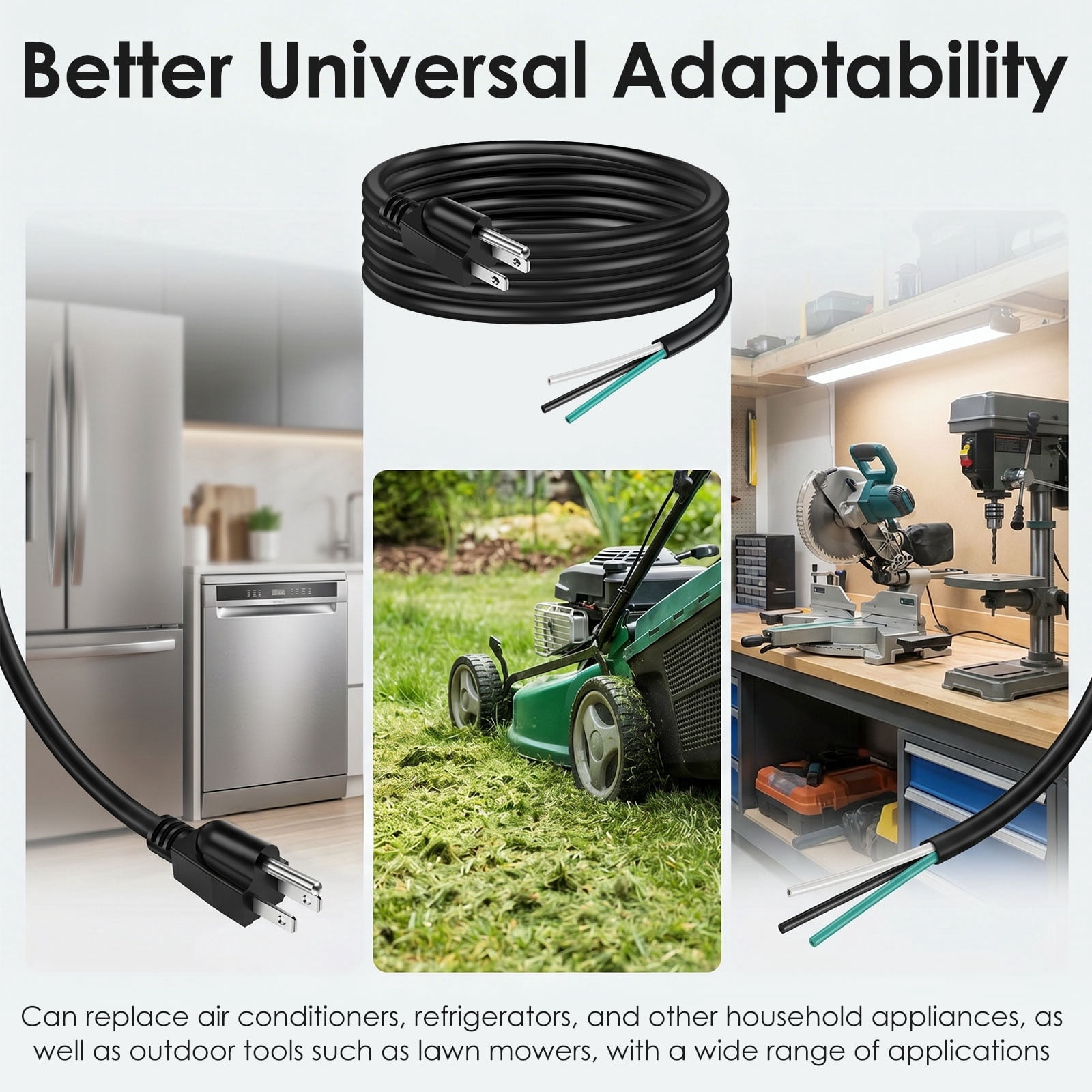 Grusce 10FT Replacement Power Cord for Appliances Power Tools, 14AWG 3 Prong Open End Pigtail 15A 1875W 125V 5-15P for Air Conditioner Dishwasher Refrigerator Dryer