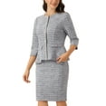 thumbnail image 4 of INSPIRE CHIC Women's 2 Piece Tweed Suit Button Down 3/4 Sleeve Jacket Pencil Skirt Set M Gray Blue, 4 of 6