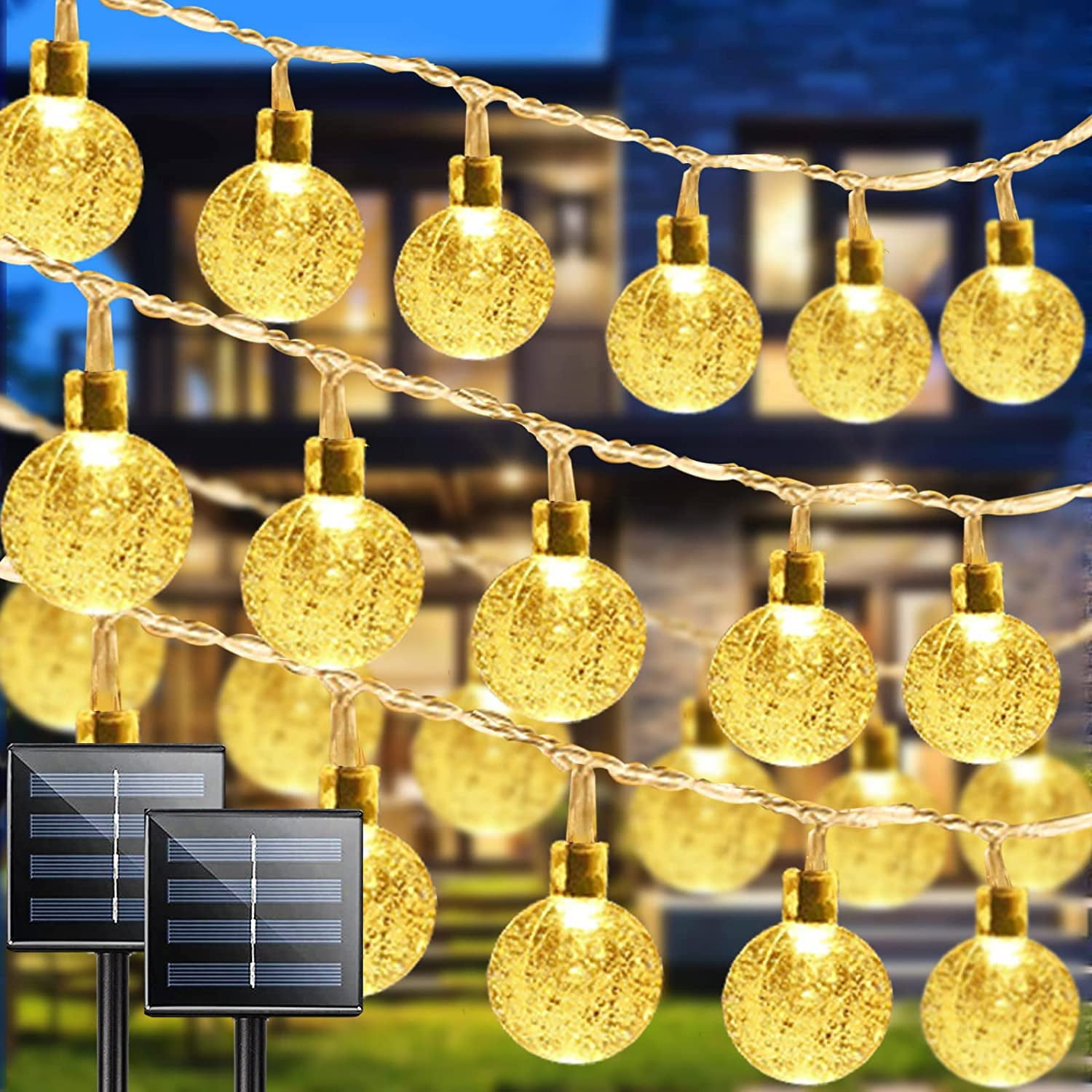 GooingTop 2Pack Solar String Lights Outdoor Waterproof,Each 29Ft 60LED Crystal Globe Solar Patio Lights Outdoor Lights for Christmas Tree Garden Patio Decor(Warm White)