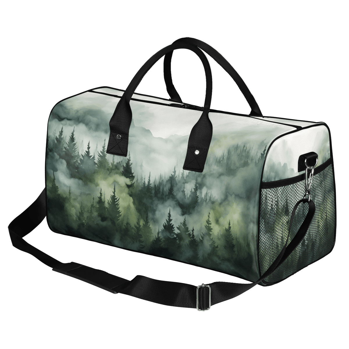 Herdesigns Green Misty Forest Gym Bag for Women Men, Travel Duffle Bag Lightweight Waterproof Carry on Weekender Overnight Tote for Dance Cheer Sport, Mountain Pine Tree