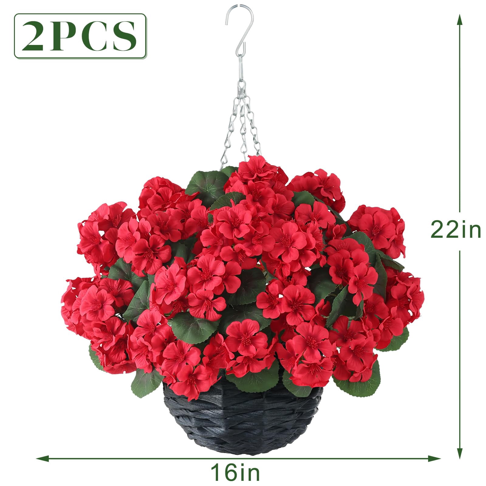 2 Set Artificial Geraniums Flowers with Hanging Baskets for Outdoors - Sun Resistant Silk with Geranium Flowers, Fake Hanging Planters for Front Porch Garden Patio Home Decor (Red)