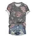 thumbnail image 5 of Jamicy Womens Summer Blouses Gift for Women Womens Dressy Tops Women's Fashion Casual Short Sleeve Flower Print Round Neck Pullover Top Blouse, 5 of 6