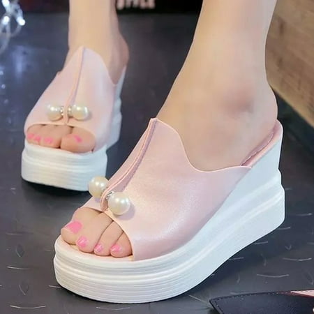 

HIBRO Women s Ladies Slippers Thick-Bottom Solid Pearl Waterproof Wedge Sandals Shoes