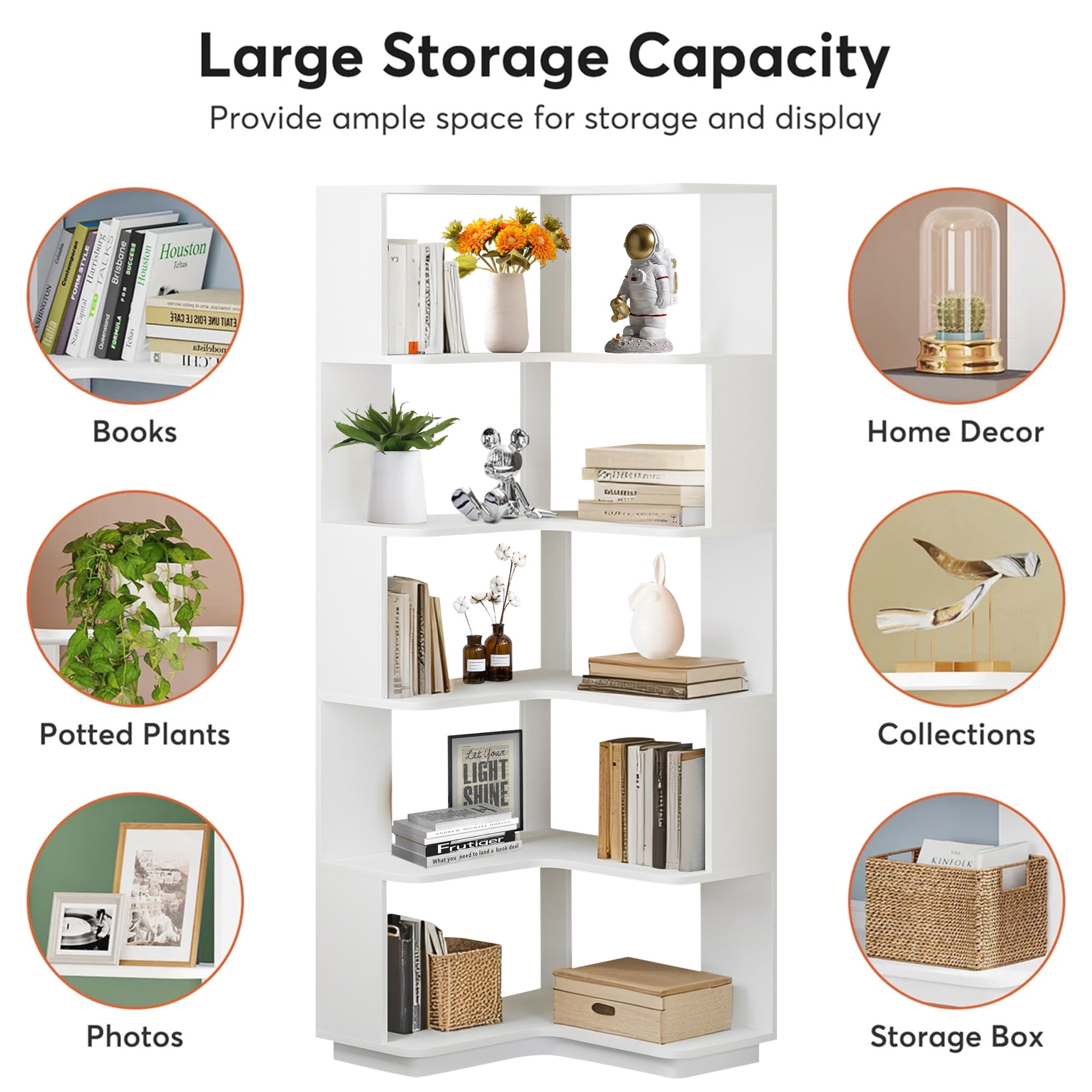 MAYEERTY Industrial 6-Tier Corner Storage Shelf, L-Shaped Bookcase with Anti-Fall Panels for Living Room, Bedroom & Office