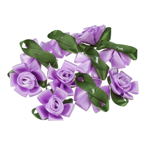 Uxcell Mini Satin Ribbon Roses Small Rosettes Fabric Flowers with Green Leaves Purple 20 Pcs