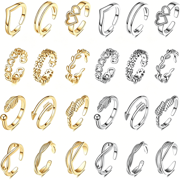 DESIGNICE 24Pcs Open Toe Rings Set for Women Adjustable Knuckle Star Moon Knot Foot Jewelry Summer Beach Non Tarnish Gold Silver Plated Alloy Band