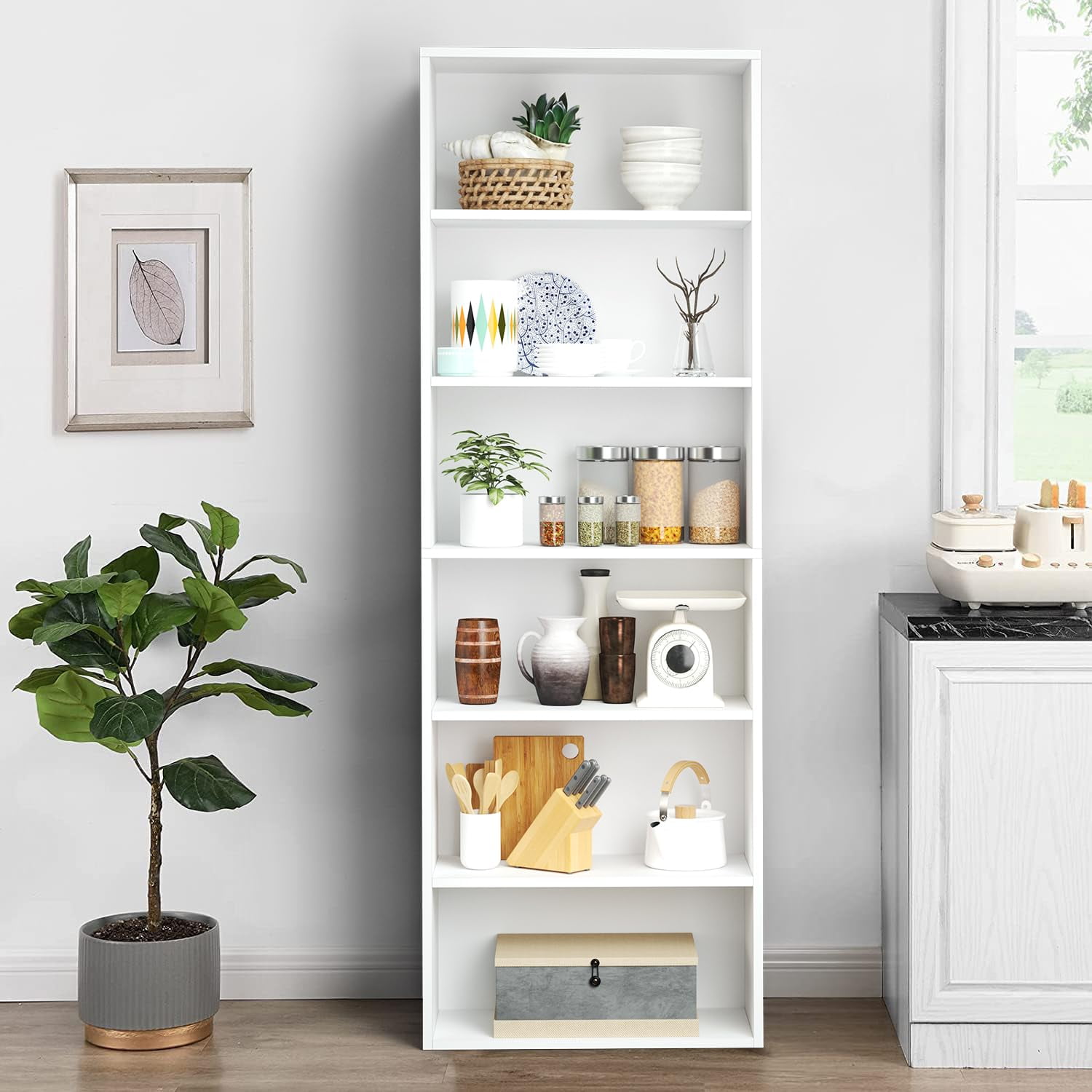 Bapipro Bookcase and Bookshelf, Floor Standing 6-Tier High Bookshelf, Display Storage Rack, Home Decorative Furniture, Suitable for Home Offices, Living Rooms, and Bedrooms,White