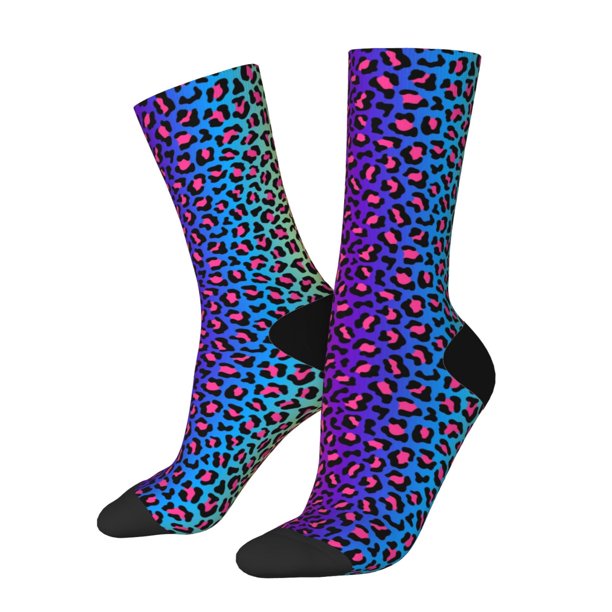 Fotbe Leopard Neon Rainbow Gradient Calcetas Largas con Estampado para Hombre y Mujer – Calcetas de Compresión Transpirables y Elásticas, Viajar y Uso Diario Talla 5-11