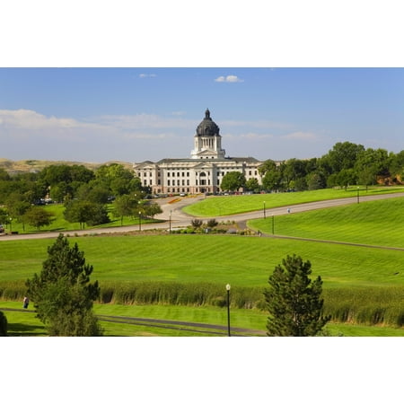 Green grass of park leading to South Dakota State Capitol and complex Pierre South Dakota Poster Print by Panoramic
