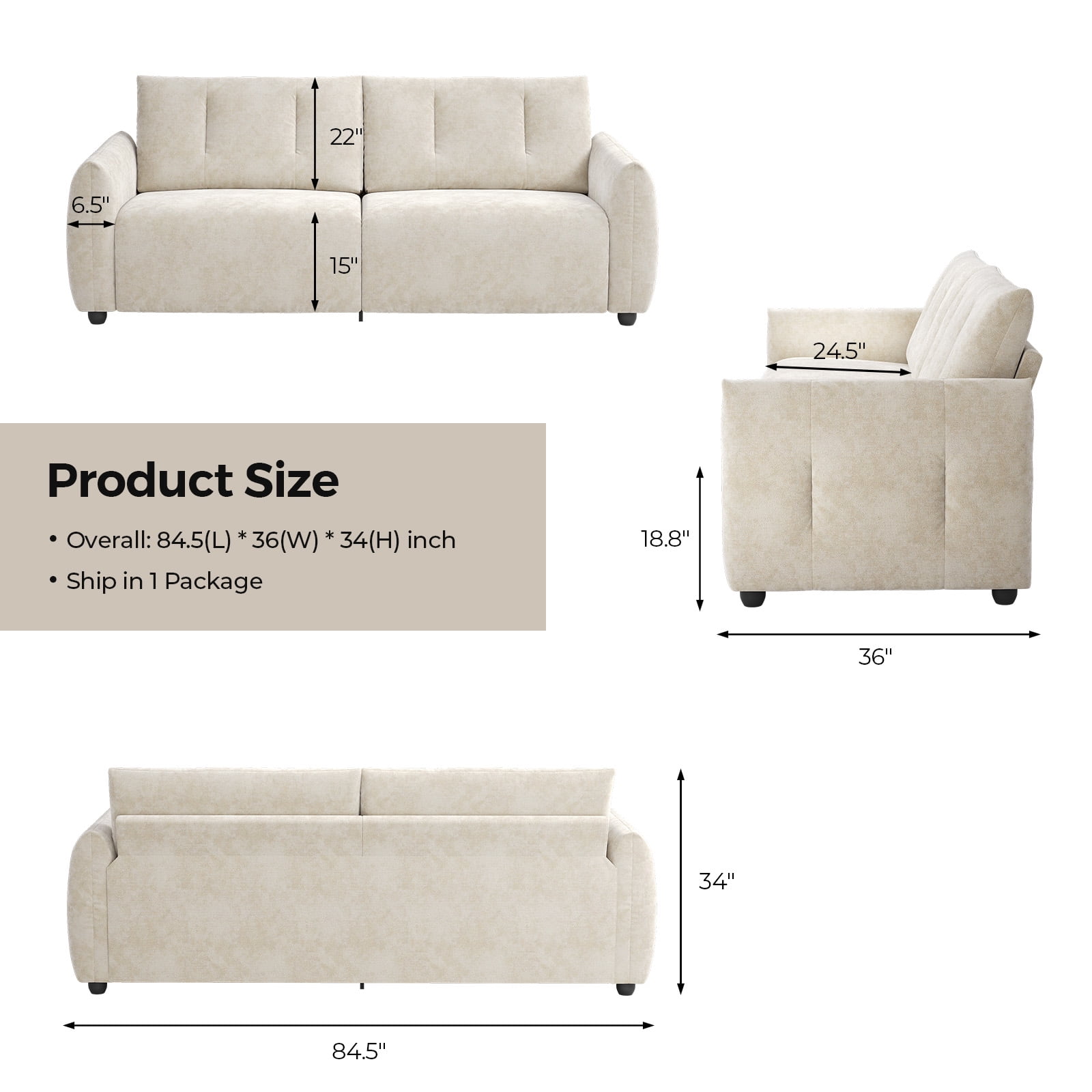 COPIAE 84.5 Inch Loveseat Sofa, Modern Couch and Sofa, Feather-tip armrest design, Sturdy and Easy Installation, Small Sofa for Living Room Bedroom Office and Apartment, Chenille Fabric,Beige