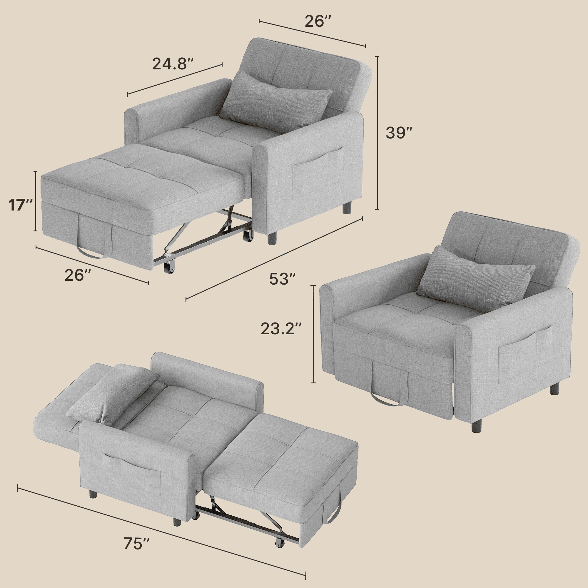 Sleeper chair Bed, Lofka Convertible Futon Sofa Bed with Pull Out Couch and Adjustable Backrest for Living Room, Light Gray