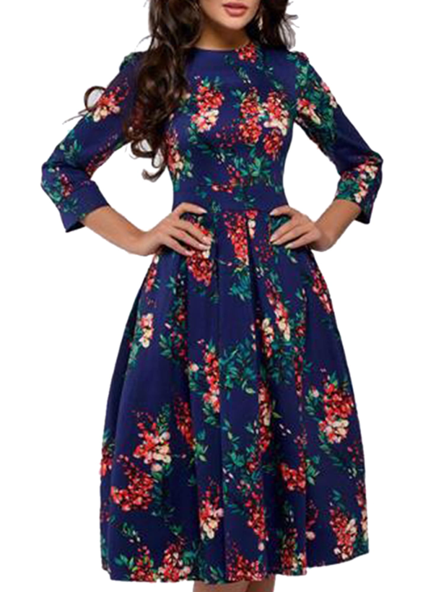 Women's Floral Midi Dress with Pockets Ladies' Vintage Elegant Evening ...