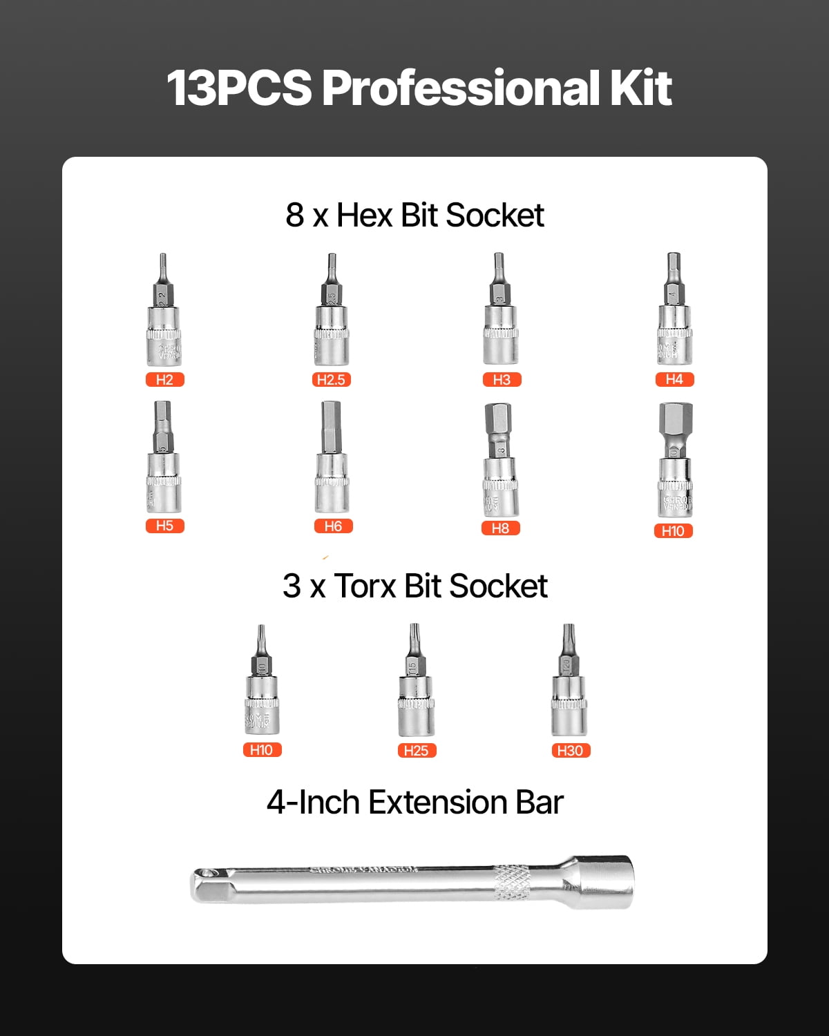 VEVOR Click Torque Wrench Set, 1/4Inch Drive, 20-200lbf-in/2.3-22.6N.m, Dual-direction and Dual Range Scales, 72-Tooth, ±3% High Precision,with Bit Sockets Extension Bar,for Bicycle Repair,Orange